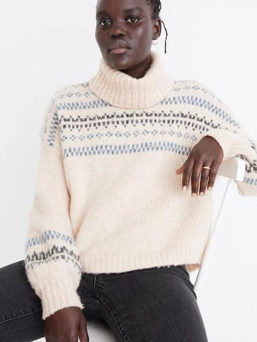 Madewell Women’s Cream Turtleneck Sweater with Blue Fair Isle Pattern